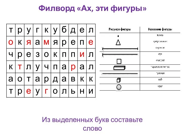 Филворд «Ах, эти фигуры» Из выделенных букв составьте слово