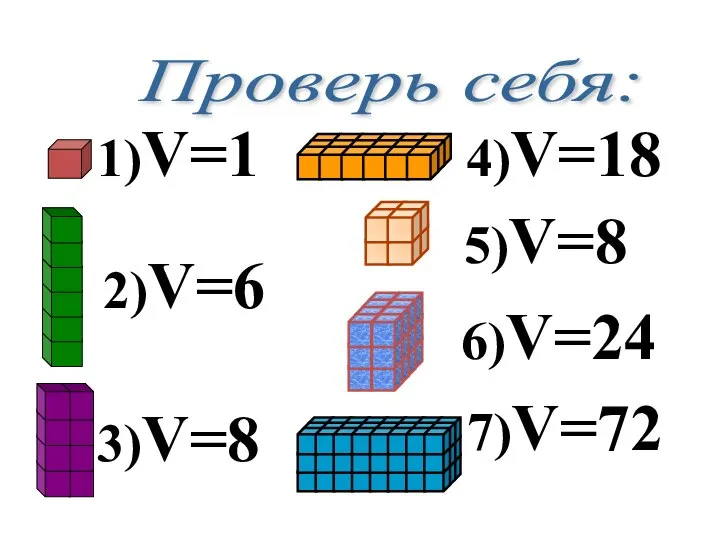 Проверь себя: 1)V=1 2)V=6 3)V=8 4)V=18 7)V=72 5)V=8 6)V=24