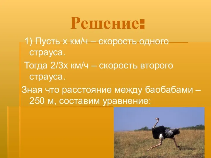 Решение: 1) Пусть х км/ч – скорость одного страуса. Тогда 2/3х