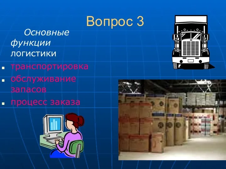 Вопрос 3 Основные функции логистики транспортировка обслуживание запасов процесс заказа