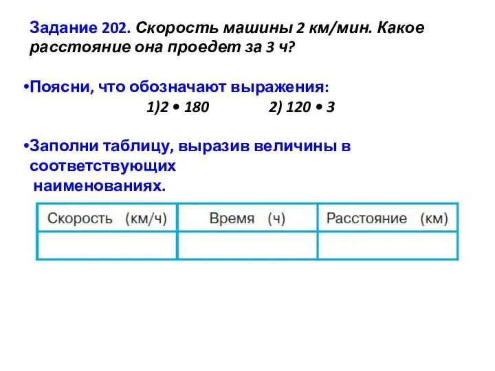 Задание 202. Скорость машины 2 км/мин. Какое расстояние она проедет за