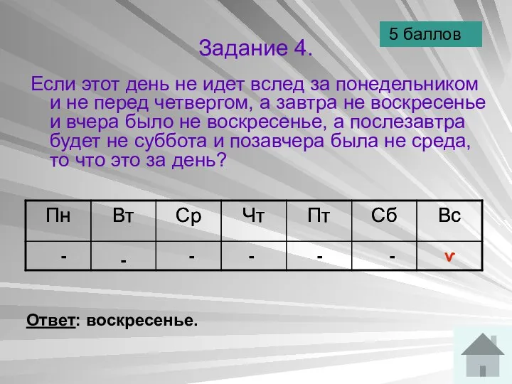 Задание 4. Если этот день не идет вслед за понедельником и