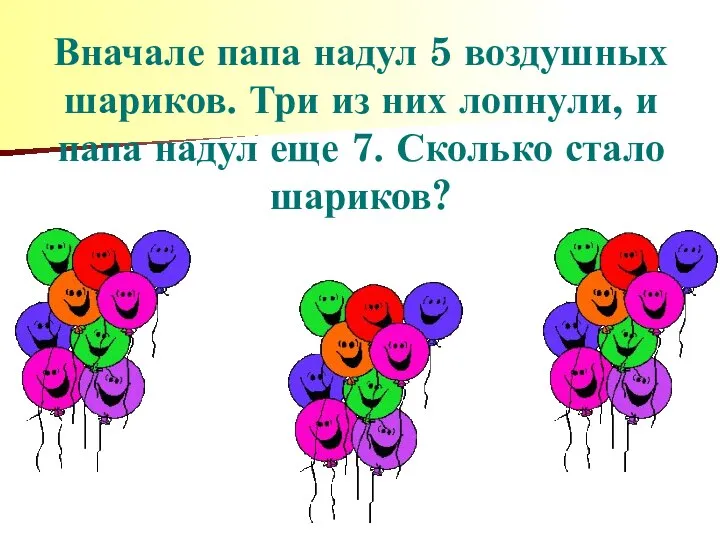 Вначале папа надул 5 воздушных шариков. Три из них лопнули, и