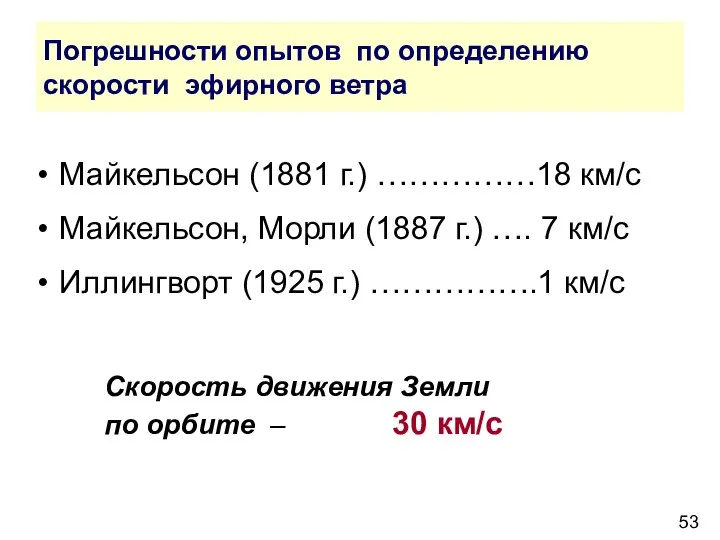 Погрешности опытов по определению скорости эфирного ветра Майкельсон (1881 г.) ……………18