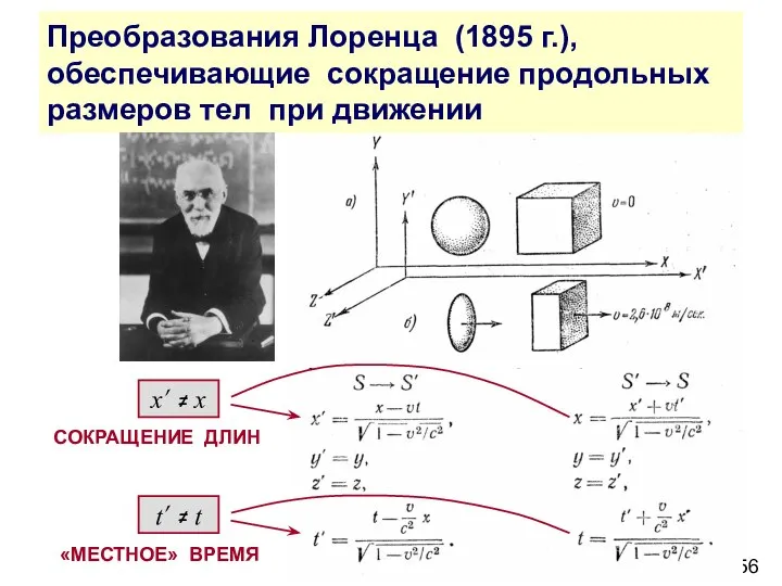 Преобразования Лоренца (1895 г.), обеспечивающие сокращение продольных размеров тел при движении