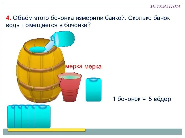 4. Объём этого бочонка измерили банкой. Сколько банок воды помещается в