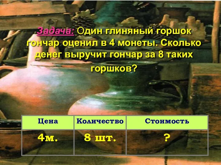 Задача: Один глиняный горшок гончар оценил в 4 монеты. Сколько денег