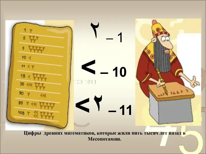 ۲ – 1 Цифры древних математиков, которые жили пять тысяч лет назад в Месопотамии.