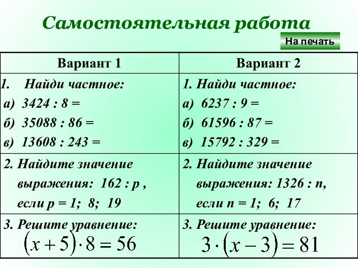 Самостоятельная работа На печать