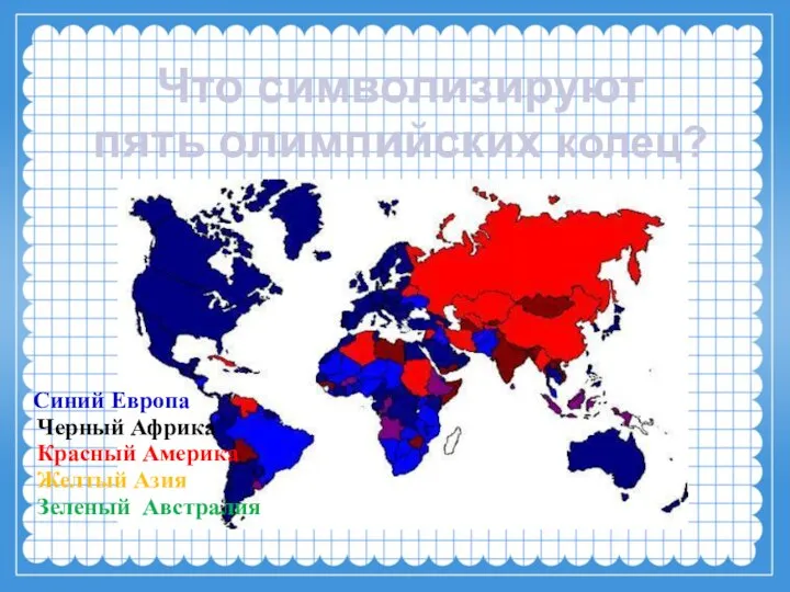 Что символизируют пять олимпийских колец? Синий Европа Черный Африка Красный Америка Желтый Азия Зеленый Австралия