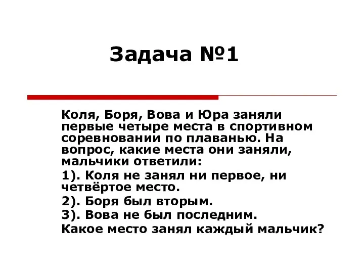 Задача №1 Коля, Боря, Вова и Юра заняли первые четыре места