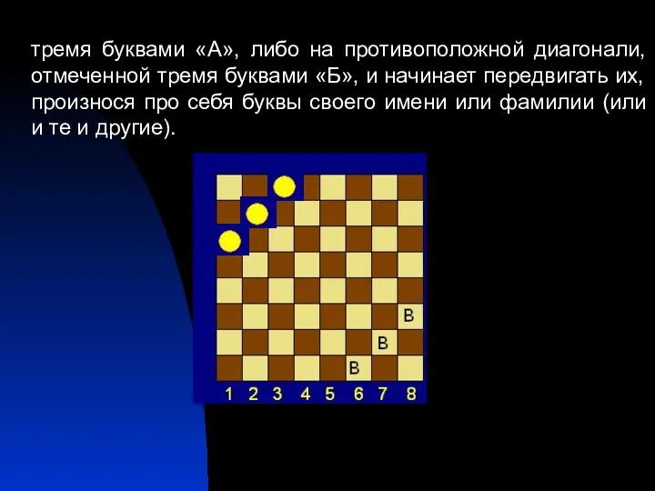 тремя буквами «А», либо на противоположной диагонали, отмеченной тремя буквами «Б»,