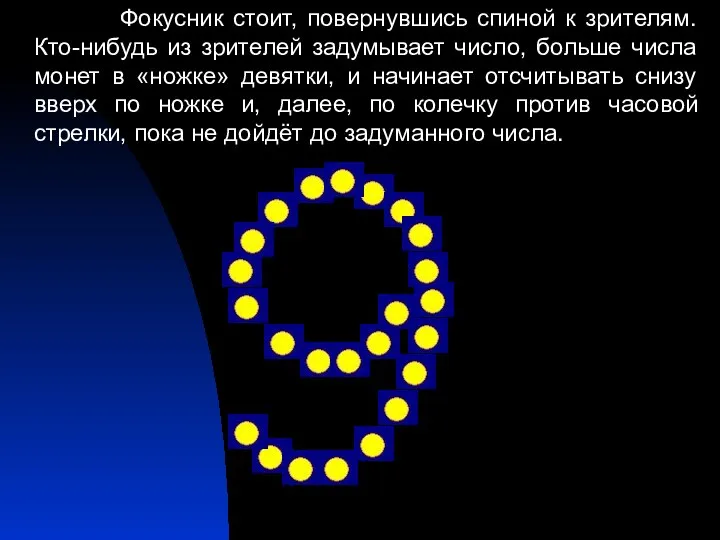 Фокусник стоит, повернувшись спиной к зрителям. Кто-нибудь из зрителей задумывает число,