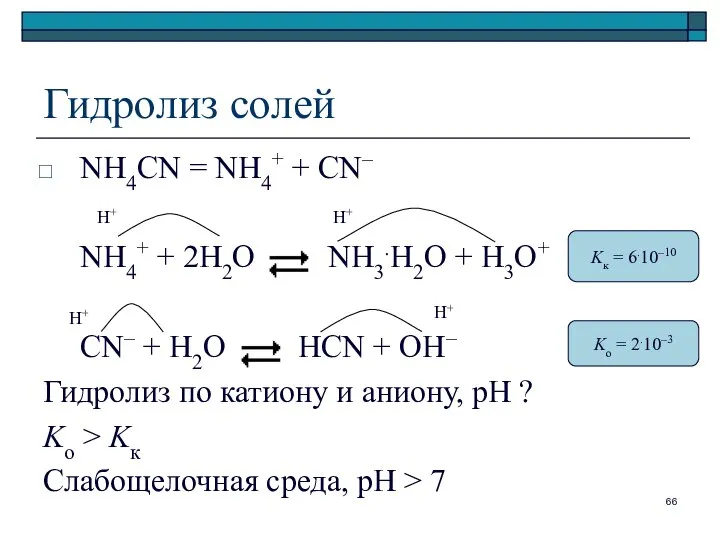 Гидролиз солей NH4CN = NH4+ + CN– NH4+ + 2H2O NH3.H2O