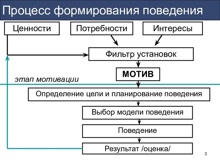 Процесс формирования поведения МОТИВ Ценности этап мотивации Результат /оценка/