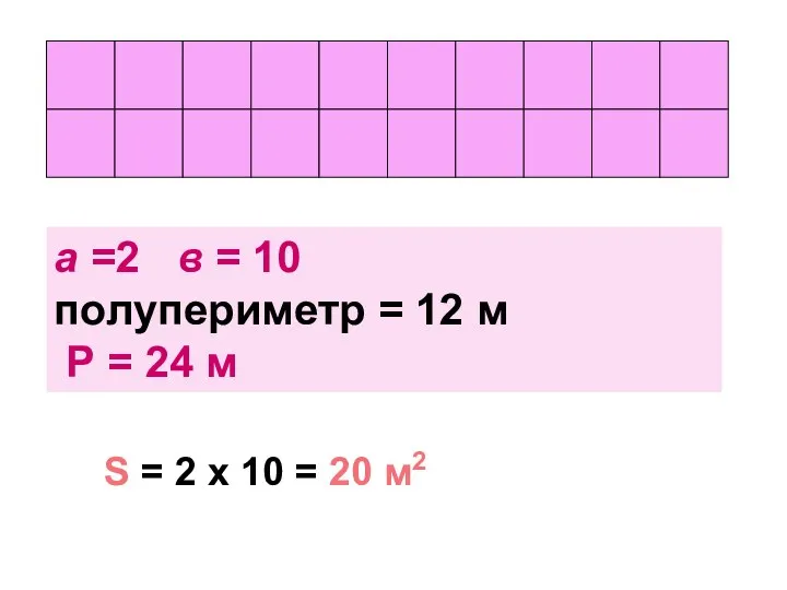 а =2 в = 10 полупериметр = 12 м Р =