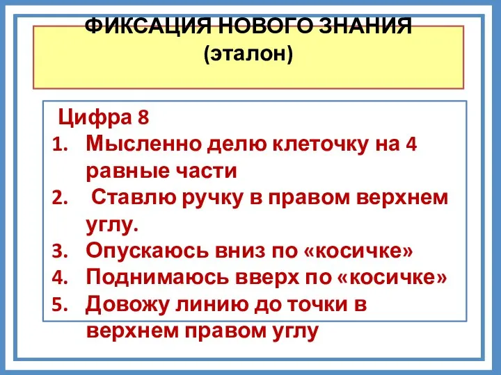 ФИКСАЦИЯ НОВОГО ЗНАНИЯ (эталон) Цифра 8 Мысленно делю клеточку на 4