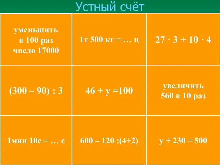 Устный счёт 70 70 с 15 ц 580 54 170 121