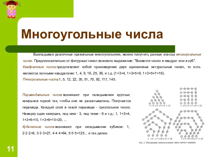 Многоугольные числа Пирамидальные числа возникают при складывании круглых камушков горкой так,