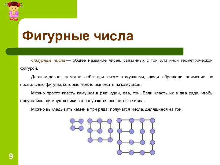 Фигурные числа Фигурные числа — общее название чисел, связанных с той