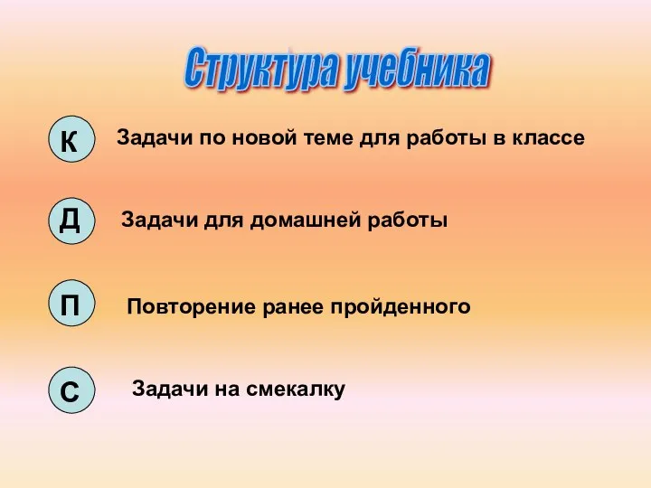 Структура учебника Задачи по новой теме для работы в классе Задачи