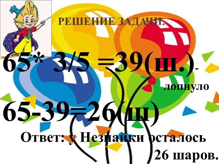 РЕШЕНИЕ ЗАДАЧИ. 65* 3/5 =39(ш.)- лопнуло 65-39=26(ш) Ответ: у Незнайки осталось 26 шаров.