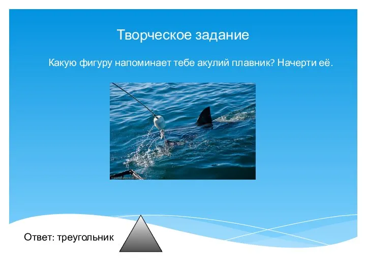 Какую фигуру напоминает тебе акулий плавник? Начерти её. Ответ: треугольник Творческое задание