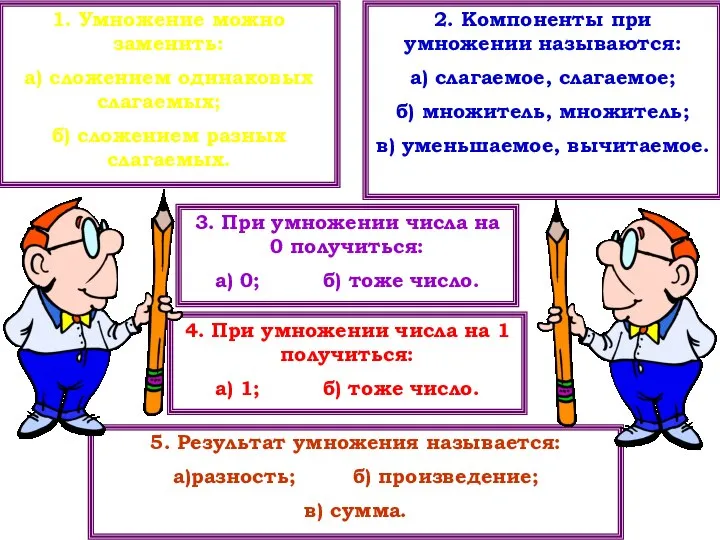 1. Умножение можно заменить: а) сложением одинаковых слагаемых; б) сложением разных