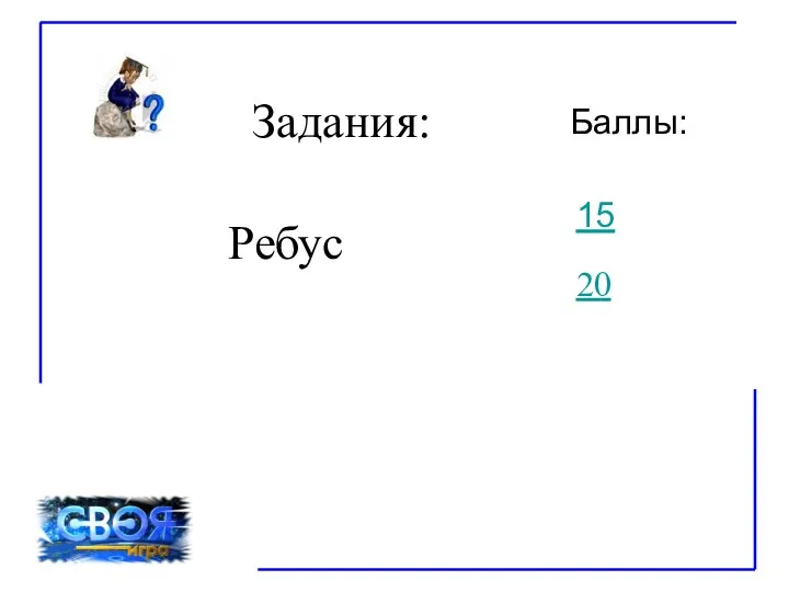 Задания: Баллы: Ребус 15 20