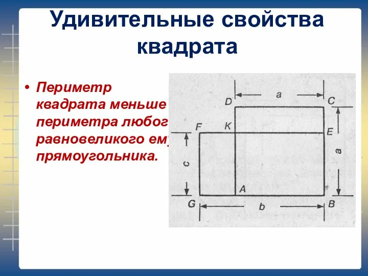 Удивительные свойства квадрата Периметр квадрата меньше периметра любого равновеликого ему прямоугольника.