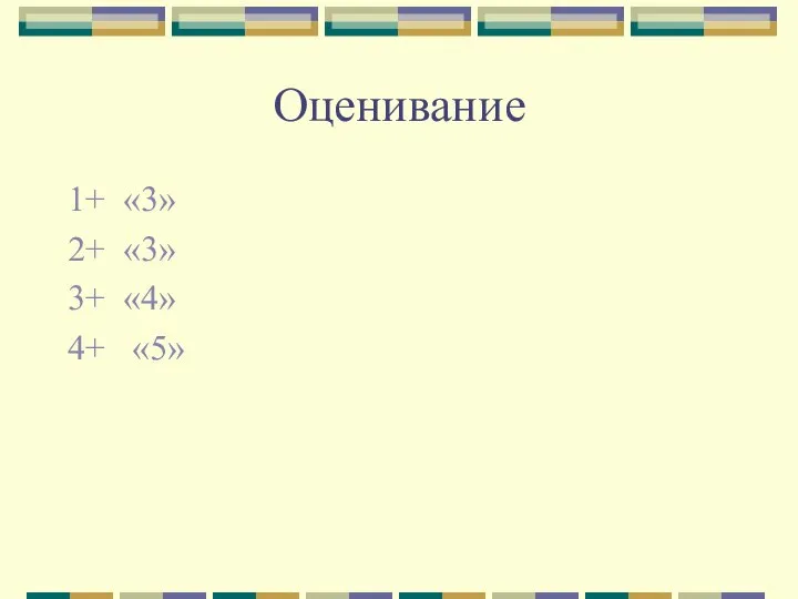 Оценивание 1+ «3» 2+ «3» 3+ «4» 4+ «5»