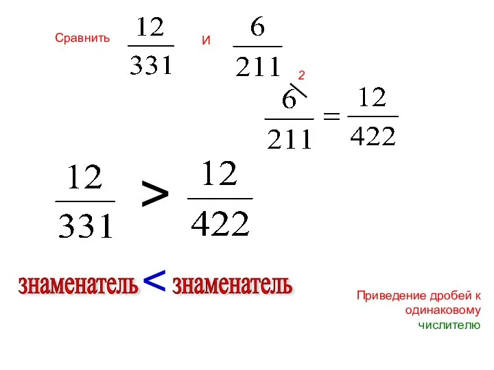 Приведение дробей к одинаковому числителю > знаменатель знаменатель Сравнить И 2