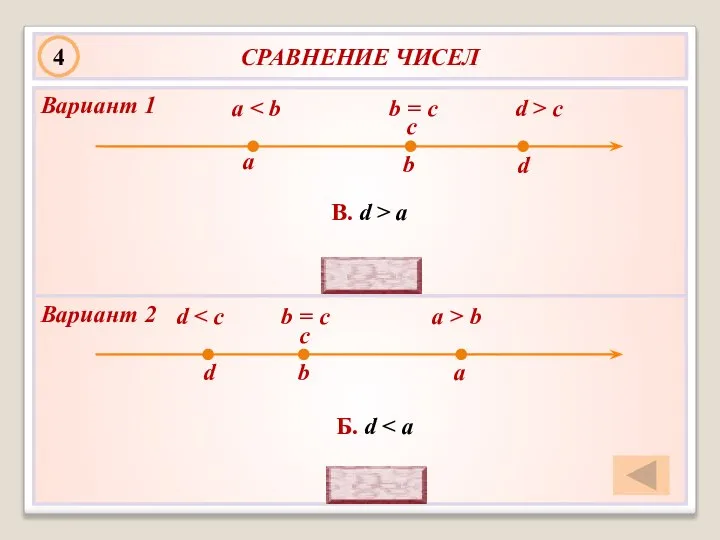 СРАВНЕНИЕ ЧИСЕЛ d > c a b = c b a