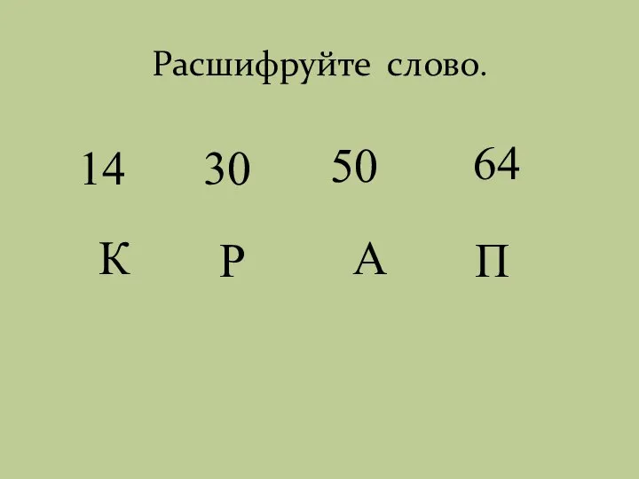 64 К 14 Р 30 А 50 П Расшифруйте слово.