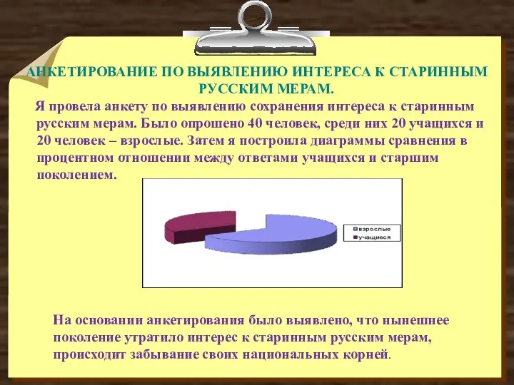 АНКЕТИРОВАНИЕ ПО ВЫЯВЛЕНИЮ ИНТЕРЕСА К СТАРИННЫМ РУССКИМ МЕРАМ. Я провела анкету