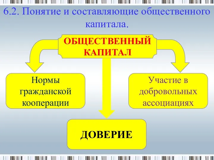 Участие в добровольных ассоциациях ОБЩЕСТВЕННЫЙ КАПИТАЛ 6.2. Понятие и составляющие общественного капитала. Нормы гражданской кооперации ДОВЕРИЕ