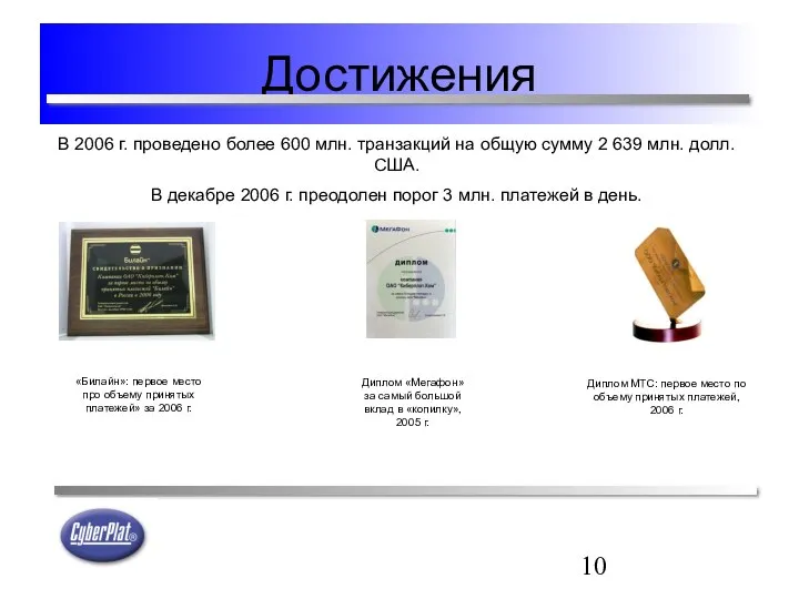 Достижения В 2006 г. проведено более 600 млн. транзакций на общую