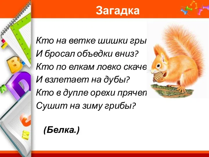 Загадка Кто на ветке шишки грыз И бросал объедки вниз? Кто