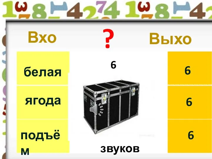 Вход Выход ? белая ягода подъём 6 6 6 6 звуков 6 звуков 6 звуков