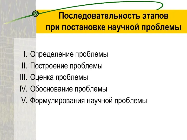 Последовательность этапов при постановке научной проблемы Определение проблемы Построение проблемы Оценка