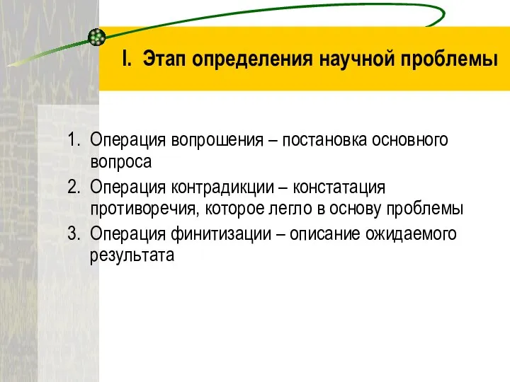 I. Этап определения научной проблемы Операция вопрошения – постановка основного вопроса