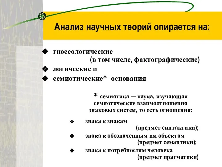 Анализ научных теорий опирается на: гносеологические (в том числе, фактографические) логические