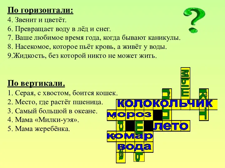 По горизонтали: 4. Звенит и цветёт. 6. Превращает воду в лёд