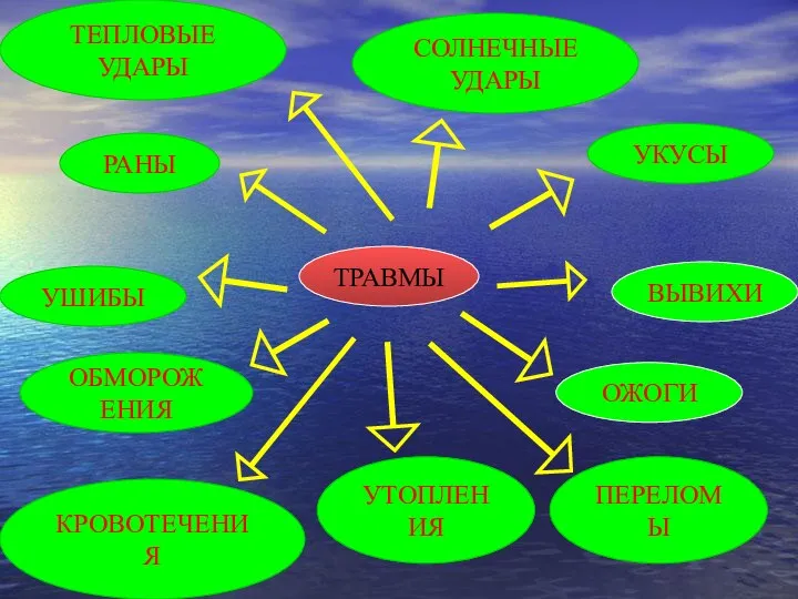 ПЕРЕЛОМЫ ТРАВМЫ РАНЫ УШИБЫ КРОВОТЕЧЕНИЯ ОБМОРОЖЕНИЯ ОЖОГИ ВЫВИХИ УКУСЫ ТЕПЛОВЫЕ УДАРЫ СОЛНЕЧНЫЕ УДАРЫ УТОПЛЕНИЯ