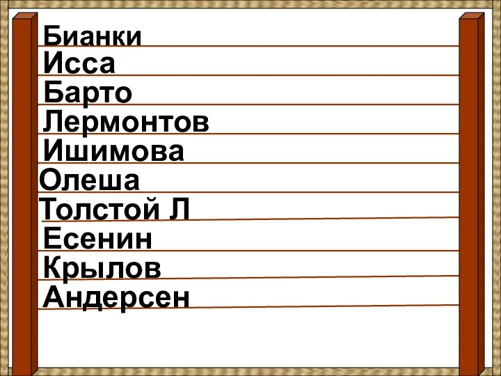 Бианки Исса Барто Ишимова Лермонтов Олеша Толстой Л Есенин Крылов Андерсен