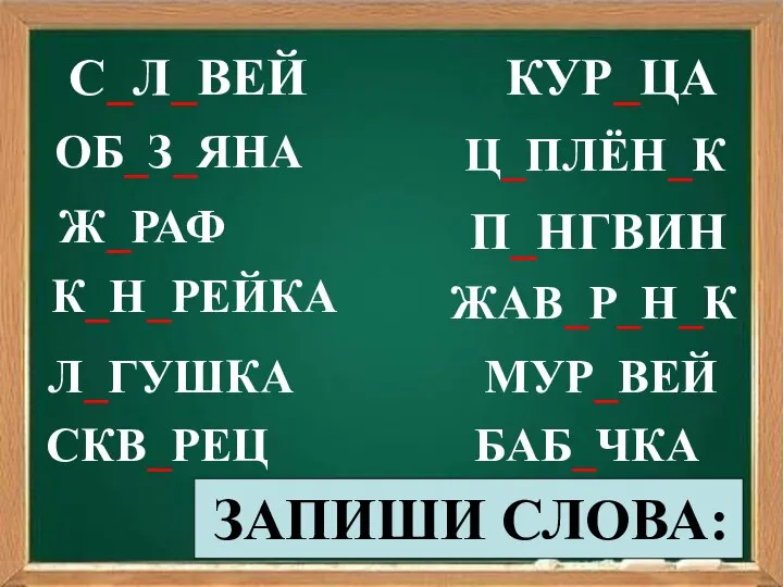 Ж_РАФ Ж_РАФ ОБ_З_ЯНА К_Н_РЕЙКА Л_ГУШКА С_Л_ВЕЙ СКВ_РЕЦ МУР_ВЕЙ БАБ_ЧКА ЖАВ_Р_Н_К П_НГВИН Ц_ПЛЁН_К КУР_ЦА ЗАПИШИ СЛОВА: