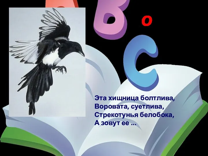 сорока Эта хищница болтлива, Воровата, суетлива, Стрекотунья белобока, А зовут ее ...