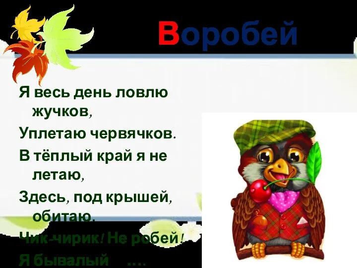 Воробей Я весь день ловлю жучков, Уплетаю червячков. В тёплый край