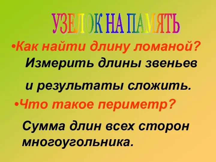 Как найти длину ломаной? Что такое периметр? УЗЕЛОК НА ПАМЯТЬ Измерить