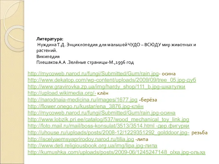 http://mycoweb.narod.ru/fungi/Submitted/Gum/rain.jpg- осина http://www.dekatop.com/wp-content/uploads/2009/09/tree_05.jpg-дуб http://www.gravirovka.zp.ua/img/hardy_shop/111_b.jpg-шкатулки http://upload.wikimedia.org/- клён http://narodnaia-medicina.ru/images/1677.jpg -берёза http://flower.onego.ru/kustar/ena_3876.jpg-клён http://mycoweb.narod.ru/fungi/Submitted/Gum/rain.jpg-осина http://www.lobzik.pri.ee/catalog/537/wood_mechanical_toy_link.jpg